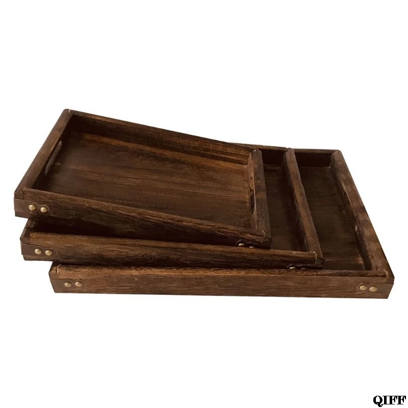 Wooden Serving Tray with Handles, Coffee Table/Butler Serving Tray 3pcs/set