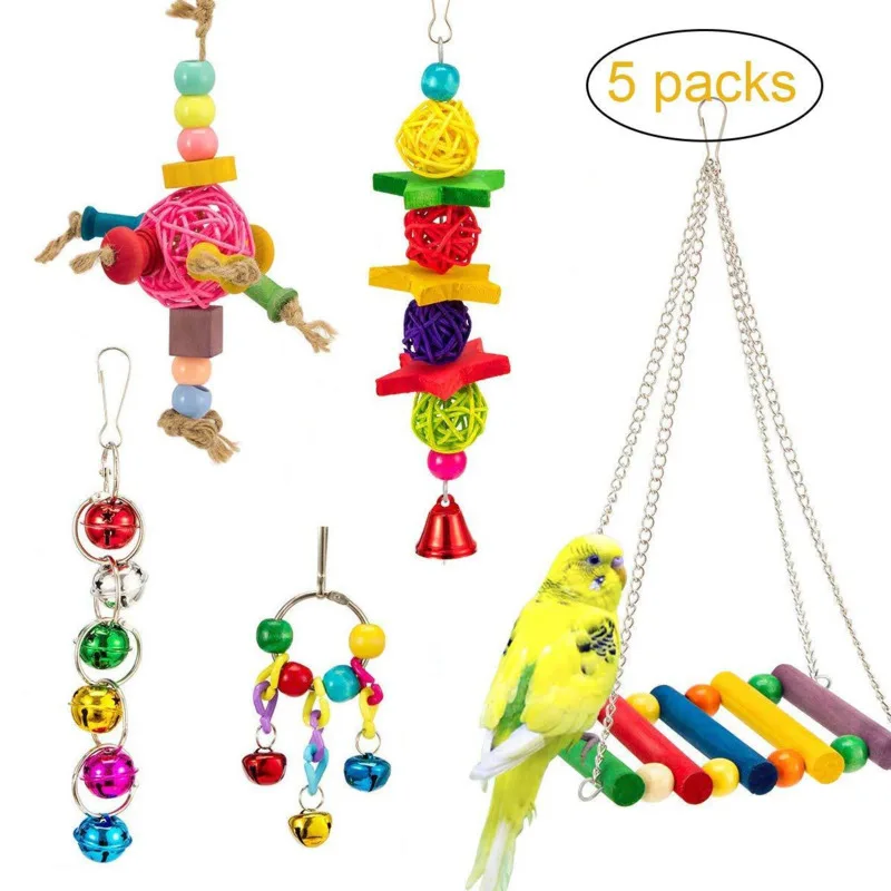 

5pcs Bird Toys Set Parrot Hanging Cage Chewing Molar Pastime Training Perch Stand Parakeets Cockatiels interactive Supplies