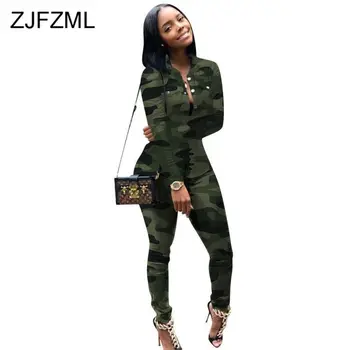 

Camouflage Sporty Two Piece Set Womens Clothing Turn-Down Collar Long Sleeve Button Up Blouses and Skinny Pants 2pcs Sweat Suits