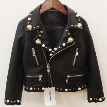 

Children Leather Jacket Kids PU Leather Girls Jackets heavy work beading Baby Girls Boys Zipper Coats