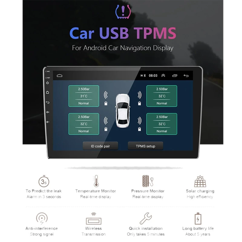 USB Android TPMS система контроля давления в шинах Дисплей Сигнализация внутренние датчики Android навигация Автомагнитола 4 датчика