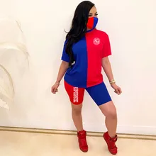 

FAGADOER Color Patchwork Tracksuits Women PINK Letter Print Top And Shorts Two Piece Female Casual Sport 2pcs Outfits with Mask