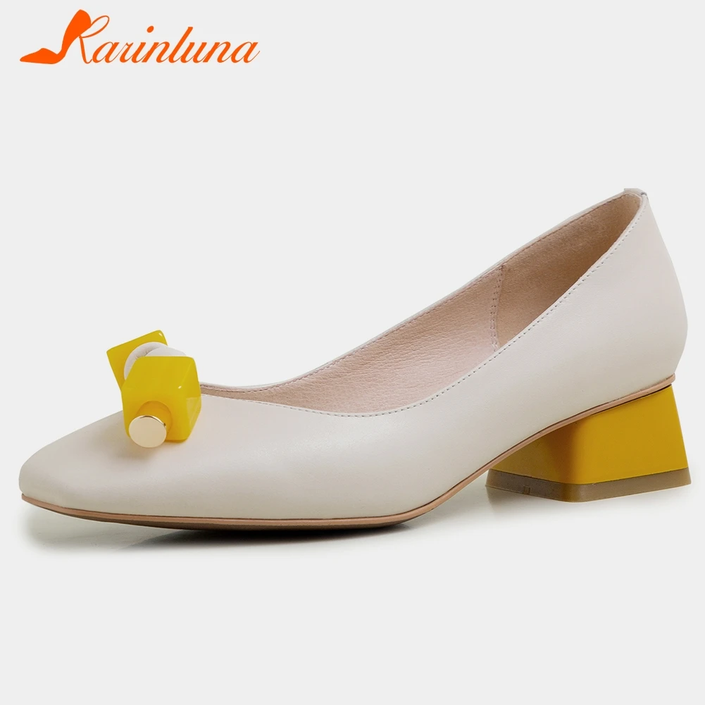 

KARINLUNA Spring New Office Ladies 2020 Med Heel Pumps Quality Genuine Leather Work Pumps Women Elegant Shallow Shoes Woman