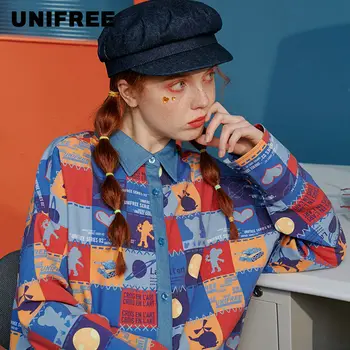 

Unifree Shirt Women Blouse Design Sense Cartoon Splicing Personalized Top Pop Up 2020 New Coat U201D617D1T1