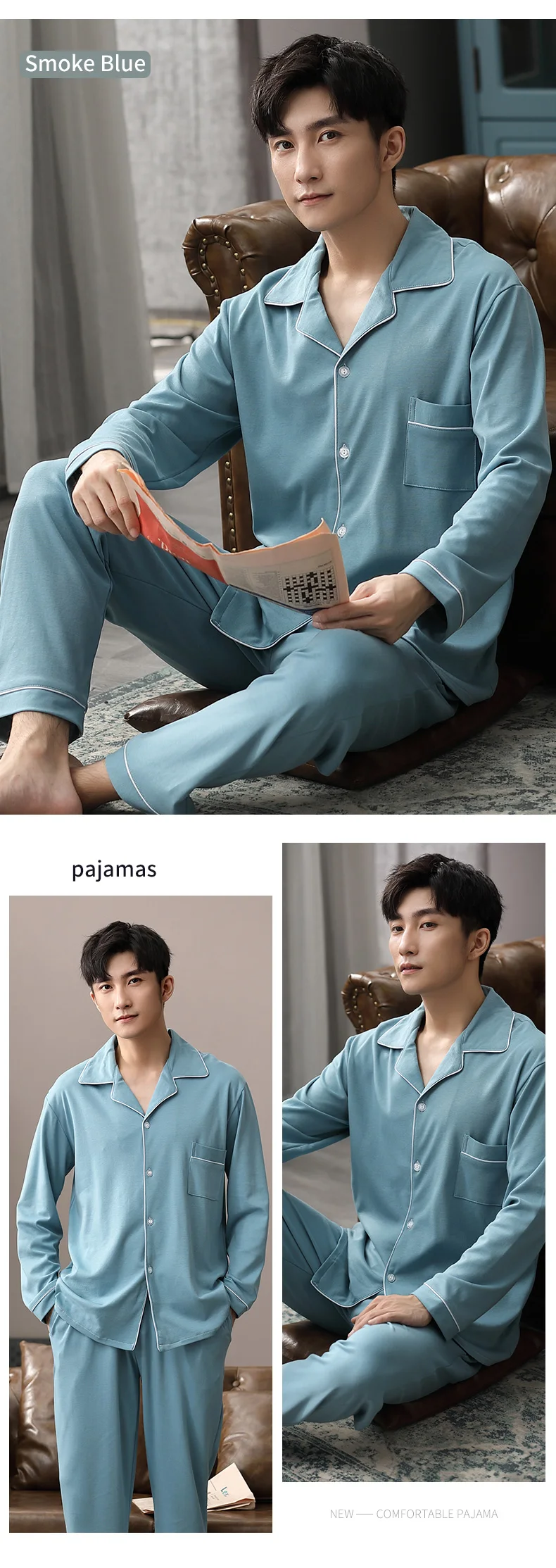 Autumn Winter 100% Cotton Pijama for Men Dormir Lounge Sleepwear Pyjamas Blue Bedgown Home Clothes Man Bedroom PJ Cotton Pajamas mens pj short set