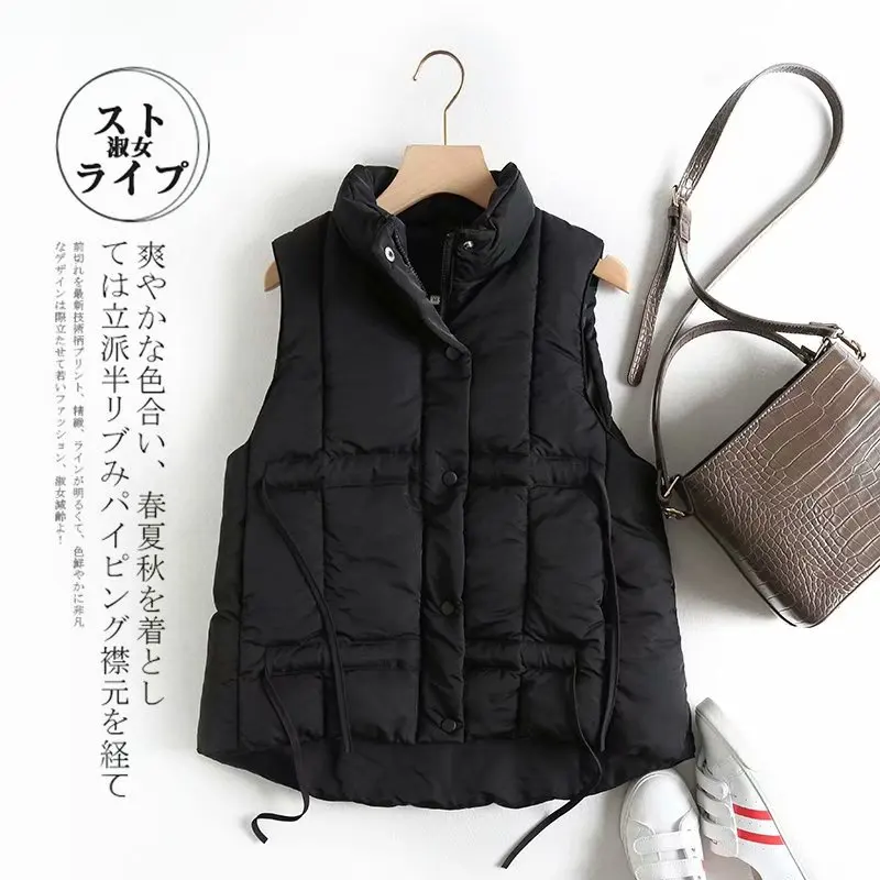 Merry Pretty Cotton Women's Solid Drawstring Vest Coat Winter Sleeveless Mandarin Collar Warm Vest Casual Slim Waistcoat - Цвет: Черный