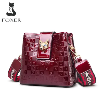 

FOXER Lrregular Letter Pattern Bucket Bag Lady Split Leather & Patent Leather Stylish Messenger Bag Graffiti Shoulder Strap Bag
