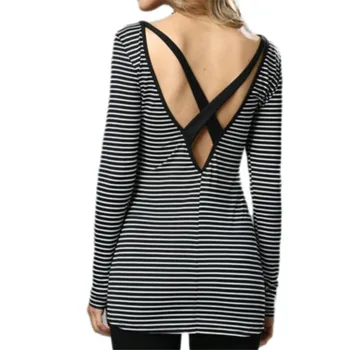 

5356 # Autumn Clothing Back Cross Striped Shirt Crew Neck Long Sleeve Slim Fit Women's 2020 New T-shirt