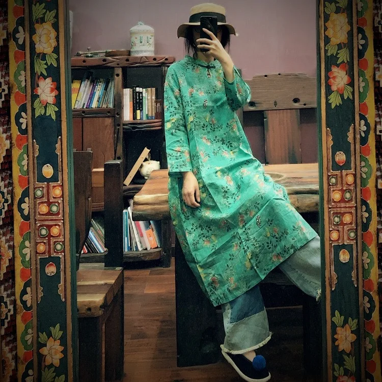 

2019 luo gu ni Pure Ramie Digital Printing Retro Flowers Stand Collar Frog Long-sleeved Dress 1117