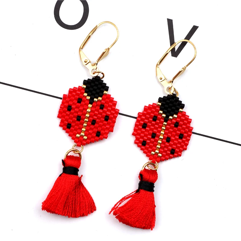 

FAIRYWOO Ladybug cartoon red ladybug Tassels earring