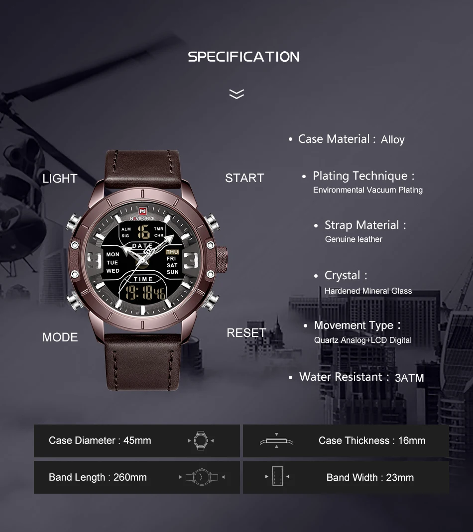 NAVIFORCE, военные спортивные светодиодный цифровые часы, мужские водонепроницаемые кварцевые аналоговые часы, ремешок из натуральной кожи, модные наручные часы