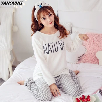 

2019 Winter Thick Warm Flannel Pajamas Sets For Women Long Sleeve Coral Velvet Pyjama Girls Casual Plaid Pants Homewear Clothing