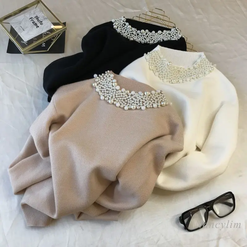 

Beaded Round Neck Sweater Women New Autumn and Winter Korean Style Loose All-Matching Handmade Pearl Collar Elegant Knitwear Top