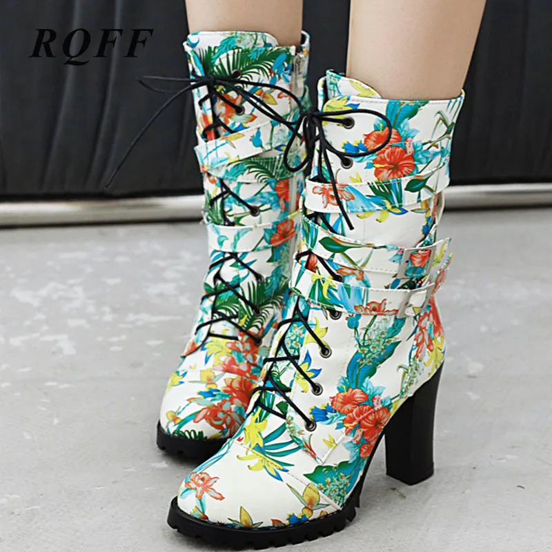 

2019-2020 Autumn Winter Ankle Boots for Women Big Size 46 Fashion Flower Print Shoes Woman Super High Square Heel Buckle Lace-up
