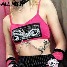 

ALLNeon Pastel Goth Y2K Chain Trim Pink Crop Tops E-girl Aesthetics Cute V-neck Spaghetti Strap Graphic Cami Top Harajuku Outfit