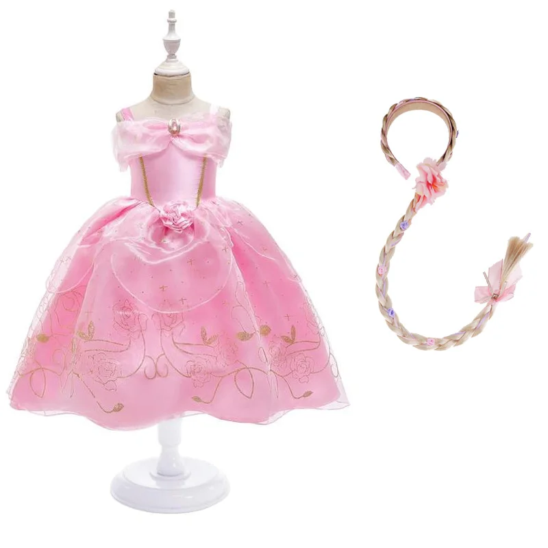 Dress and Wig-1 Платье принцессы Авроры для девочек детский нарядный костюм Спящей красавицы детская одежда для карнавала, дня рождения, праздника, праздника, розового цвета - Цвет: Dress and Wig-1