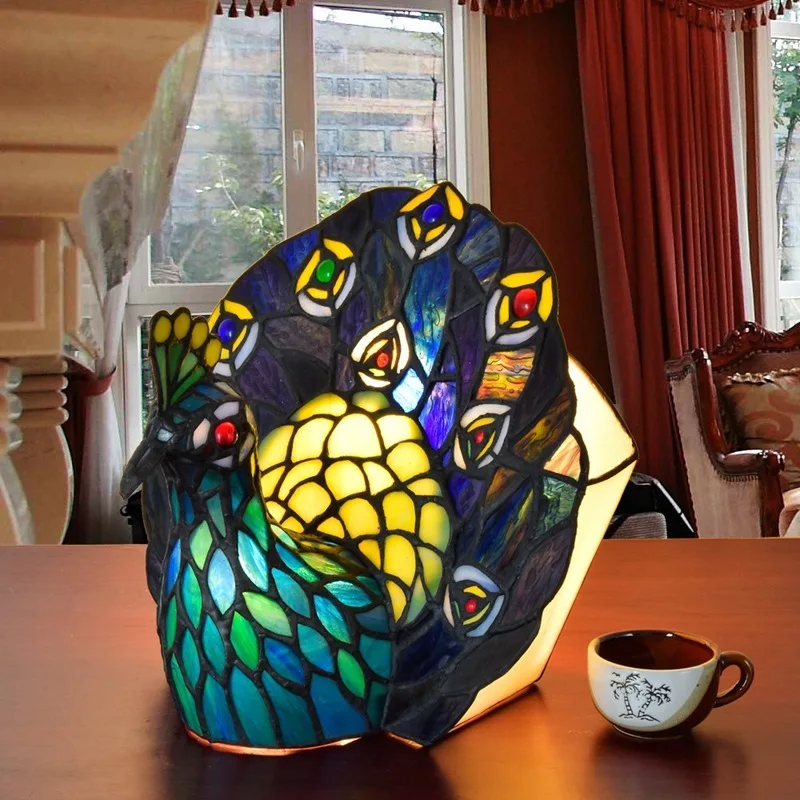 

European Tiffany colored glass Green Peacock decoration small table lamp bar lamp bedroom bedside lamp