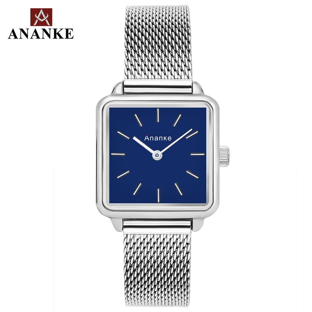 

Ananke Women Watches Stainless Steel Mesh Strap Lady Waterproof Resistant Rose Gold Square Simple Dial Quartz Wristwatch AN25