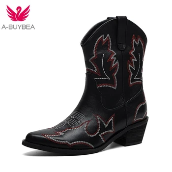 

Retro Genuine Leather Western Boots Chunky Heels Boots Woman Shoes Women Casual Cowboy Boots Shoes Woman Boots Female 2019 New