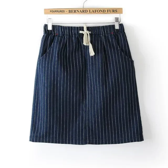 

S1447 Casual Simple Cowboy Vertical Striped One-step Skirt Women's Slim Fit Slimming Sheath Midi-skirt Elastic Waist Skirt