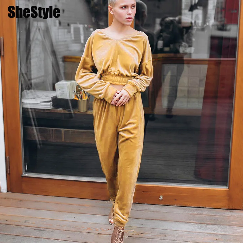 Shstyle бархатные сексуальные осенние комплекты из 2 предметов с v образным вырезом