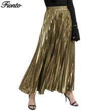 FIONTO, Осень-зима, Женская длинная Плиссированная Юбка Макси цвета металлик, золото, юбка миди, высокая талия, Elascity, Повседневные Вечерние винтажные юбки