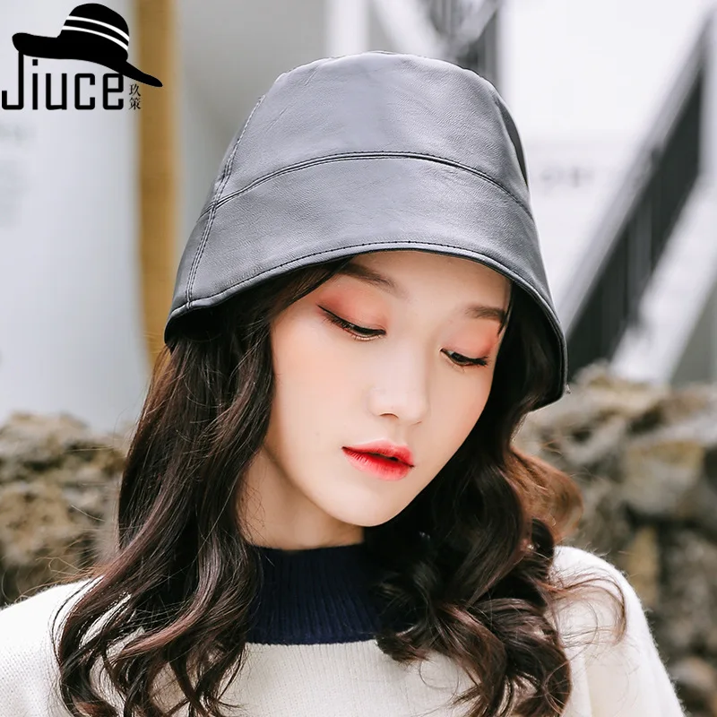 Solid Color Leather U Bucket Hat 