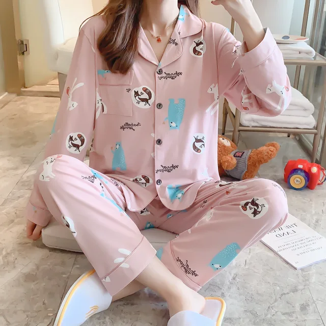 CAIYIER Autumn Winter New Sleepwear Set Women Turn-down Collar Pajamas Cute Cartoon Pattern Button Top+Pants Leisure Home Wear 908-6
