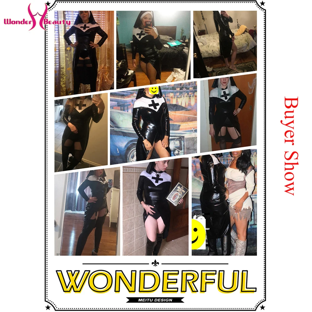 Women Saintlike Seductress Costume Faux Leather PVC Wetlook Nun Costume Halloween Cosplay Fancy Dress (5)