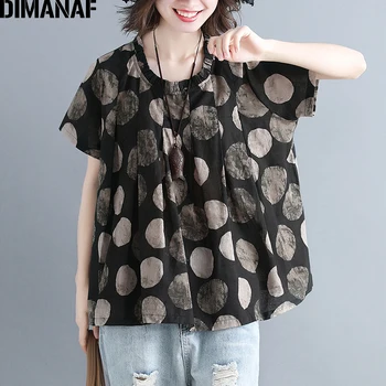 

DIMANAF Plus Size Women Blouse Shirt Summer Lady Tops Tunic Vintage Polka Dot Black Loose Casual Pleated Ruffles Female Clothing