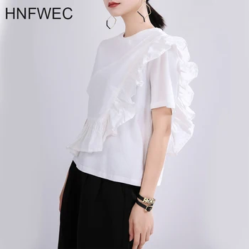 

Spring Summer 2020 Women Black Ruffles Split Joint Temperament T-shirt New Round Neck Short Sleeve Fashion Tide V837