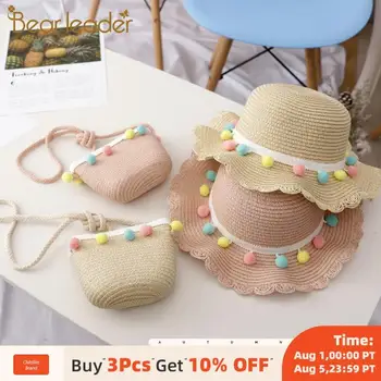 

Bear Learder Girl Hat 2020 Summer Cap Breathable Straw Hats Colorful Ball Sweet Princess Hat Seaside With Bag Kids Hats 2-6Y