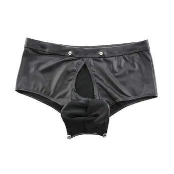 

Sexy Men's Underwear Black Tight Patent Leather Shorts Clubwear Pole Dance Boxer Shorts Men Mini Underwear