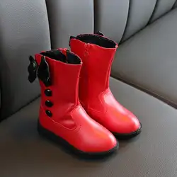 Новые кожаные сапоги до середины икры для девочек детские красные резиновые сапоги с бантиком, модные Универсальные теплые сапоги на
