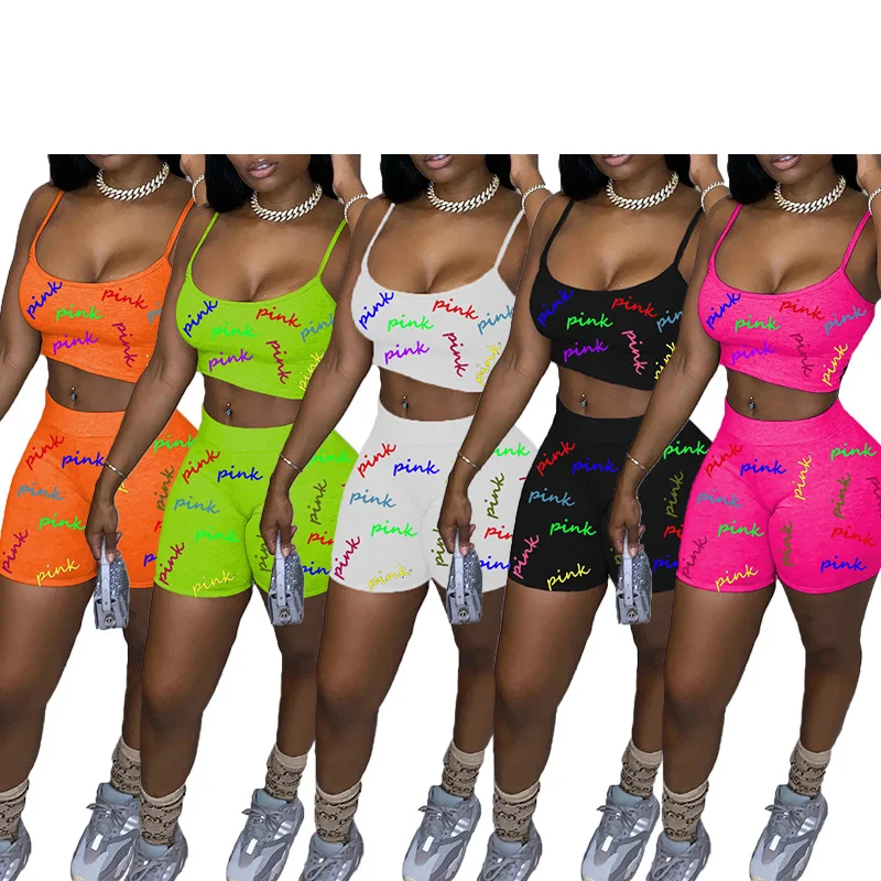 Women'S Fashion Pink Letter Print Matching Sets Shorts Set Summer Sports Workout Running Clothes Set Suits Camis+Shorts 2pcs Set lenovo thinkplus livepods lp40 pro tws wireless bluetooth earphone noise cancelling earbuds gaming sports headset pink