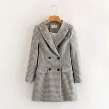 

2022Spring Fall Waist Slim Slimming Long-Sleeved Double Breasted Coat Plaid Suit Skirt Outwear Female Vintage Short Blazer Dress