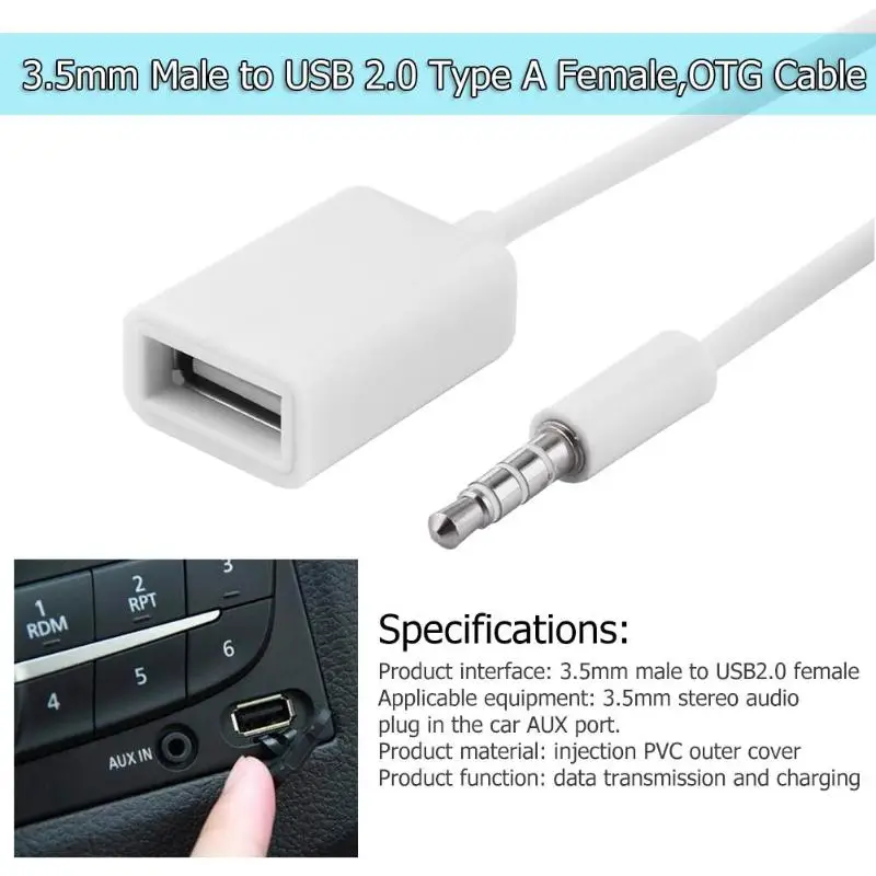 3.5mm Male Audio AUX Jack to USB 2.0 Type A Female OTG Converter Cable |