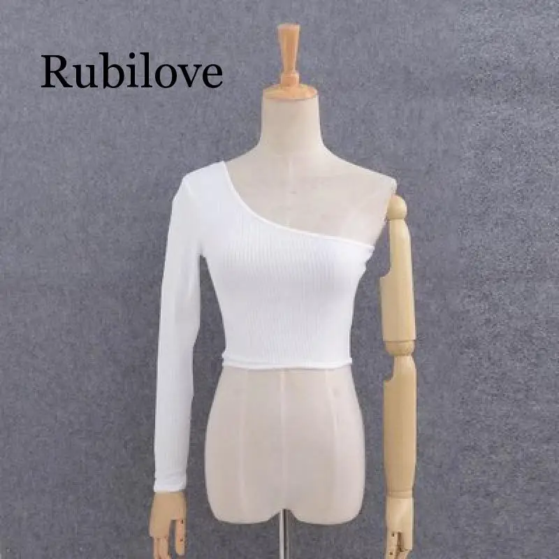 Rubilove с открытыми плечами сексуальный женский вязаный укороченный топ женские белые черные топы уличная эластичная короткая футболка Вязание Обрезанные Cami