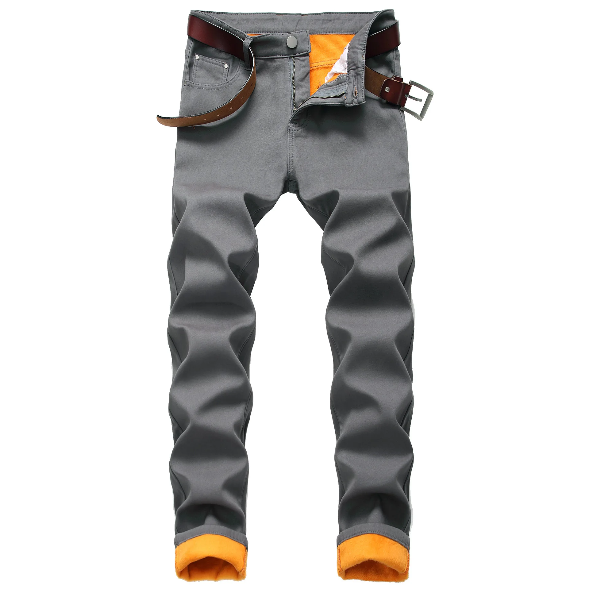 2021 Mens Winter Thermal Warm Plus Fleece Jeans Quality  Denim Pants Straight Flocking Slim Fit Trousers Jeans para hombre 42