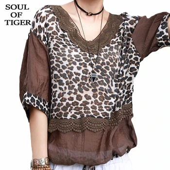 

SOUL OF TIGER 2020 New Korean Fashion Designer Summer Ladies Loose Clothes Womens Casual Leopard Shirts Loose Patchwrok Blouses