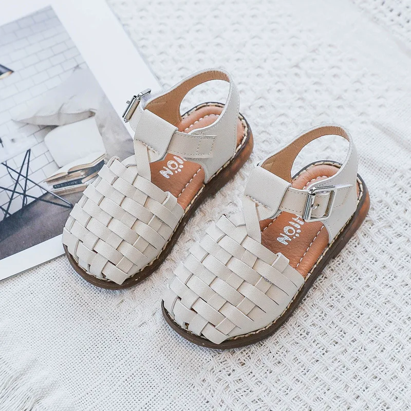 

Children's Sandals Korean-style Retro Woven Shoes Summer Closed-toe Little Girl Princess Shoes Soft Bottom 2020