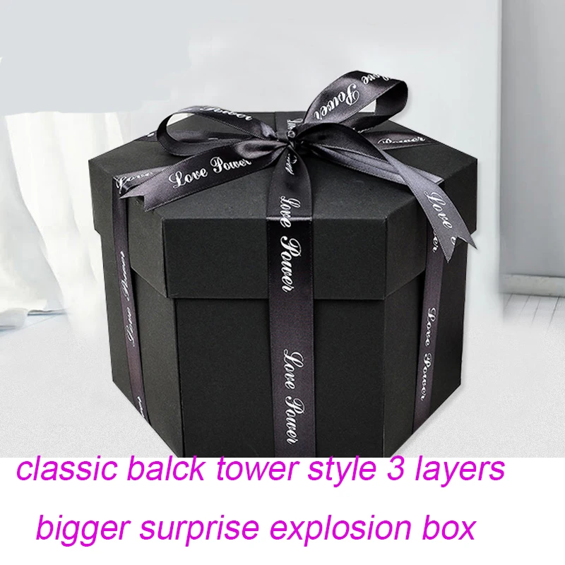 Форма башни 3 слоя DIY сюрприз любовь взрыв коробка подарок взрыв для юбилея скрапбук DIY Фотоальбом подарок на день рождения - Цвет: classic black