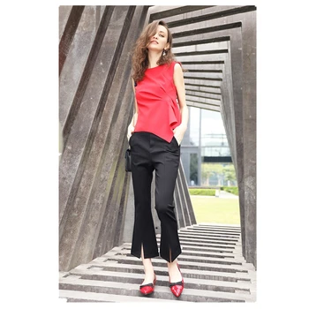 

2019 Autumn new fashion wide leg trousers women winter split fork black micro-slip Slim stretch casual nine pants female K230