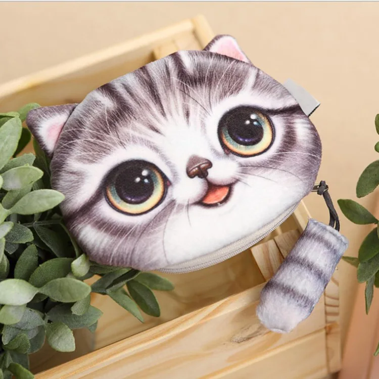 3D печатных очаровательный кот кошелек с кошачьей головой Детский плюшевый Кошелек для монет включая сумочку с кошечкой, карман для монет на молнии