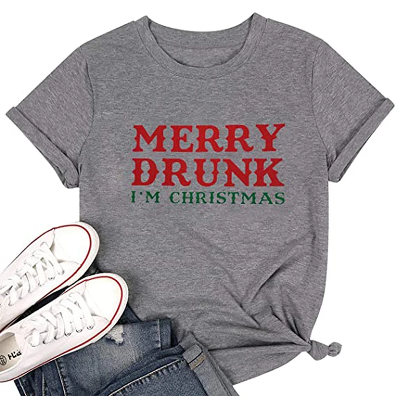 

Womens Merry Drunk I'm Christmas T-Shirts Funny Santa Claus Graphic Tees Tops