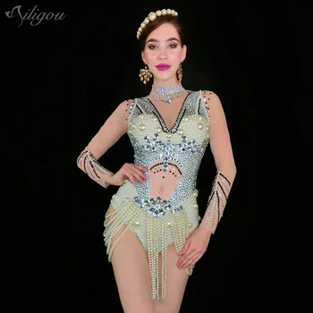 

Ailigou Silver Rhinestone Pearl Transparent Long Sleeve Bodysuit Women Sexy Bar Birthday Celebration Costume Dance Mesh Costume