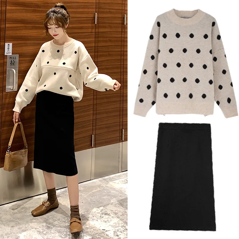 2020 new lactation suit autumn winter dot core spun yarn knitted sweater postpartum feeding top + skirt | Мать и ребенок