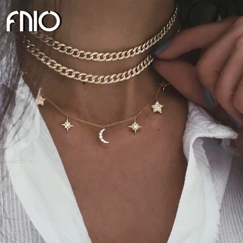 

FNIO Vintage Moon Star Pendant Necklace For Women Gold Color Multilayer Crystal Choker Necklaces 2020 Fashion Jewelry Gifts