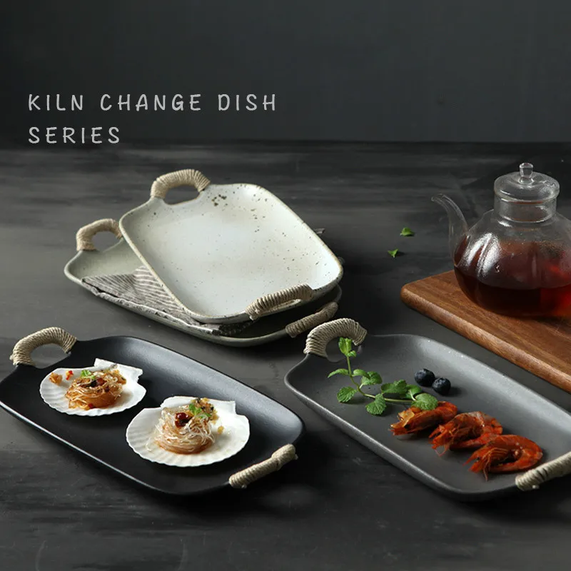 FANTERCY Cuisine Fruit Plate Sushi Plate Binaural Twine Various Shapes Ceramic Plate Matte Color Glaze Creative Baking Tray