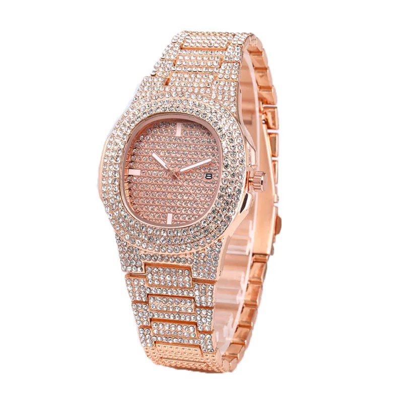 Rose Gold Женские и мужские часы в стиле хип-хоп, роскошные кварцевые наручные часы key-2 с фианитами, часы из нержавеющей стали, ювелирные изделия - Цвет: Rose Gold